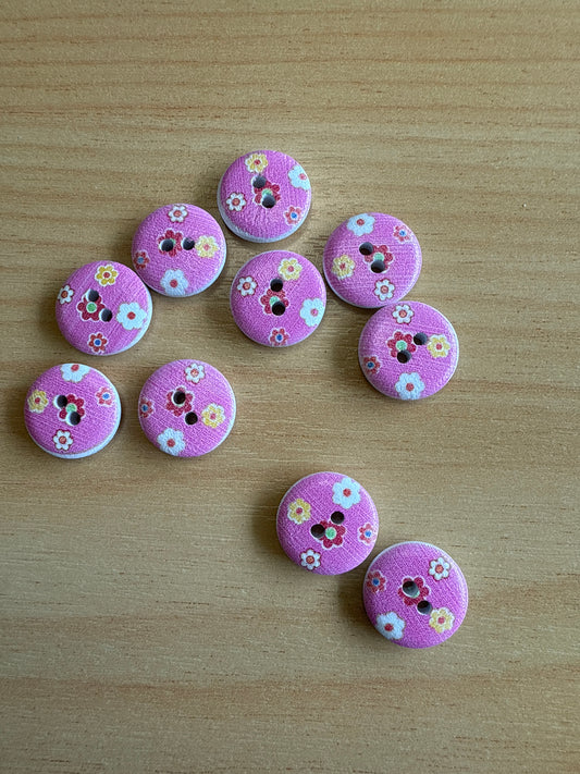 Buttons - Pink Daisy Print - 15mm x 10
