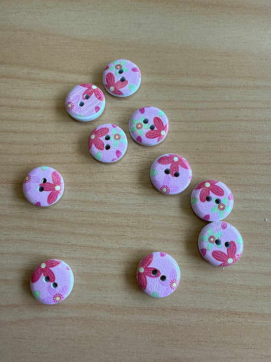 Buttons - Pink Floral Print - 15mm x 10