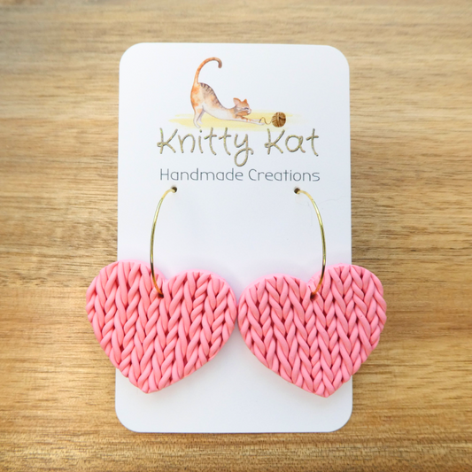 Knitty Kat - Big Heart Hoop Earrings - Pale Pink