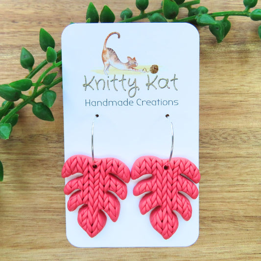 Knitty Kat - Monstera Leaf Earrings - Coral