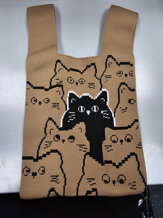 Knitting Wristlet Bag - Cats - Brown