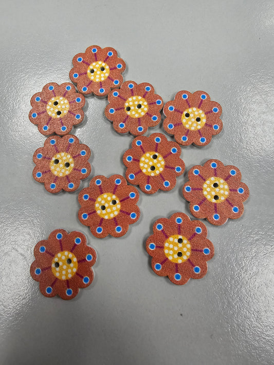 Buttons - Wooden Flowers - 20mm x 10 - Brown