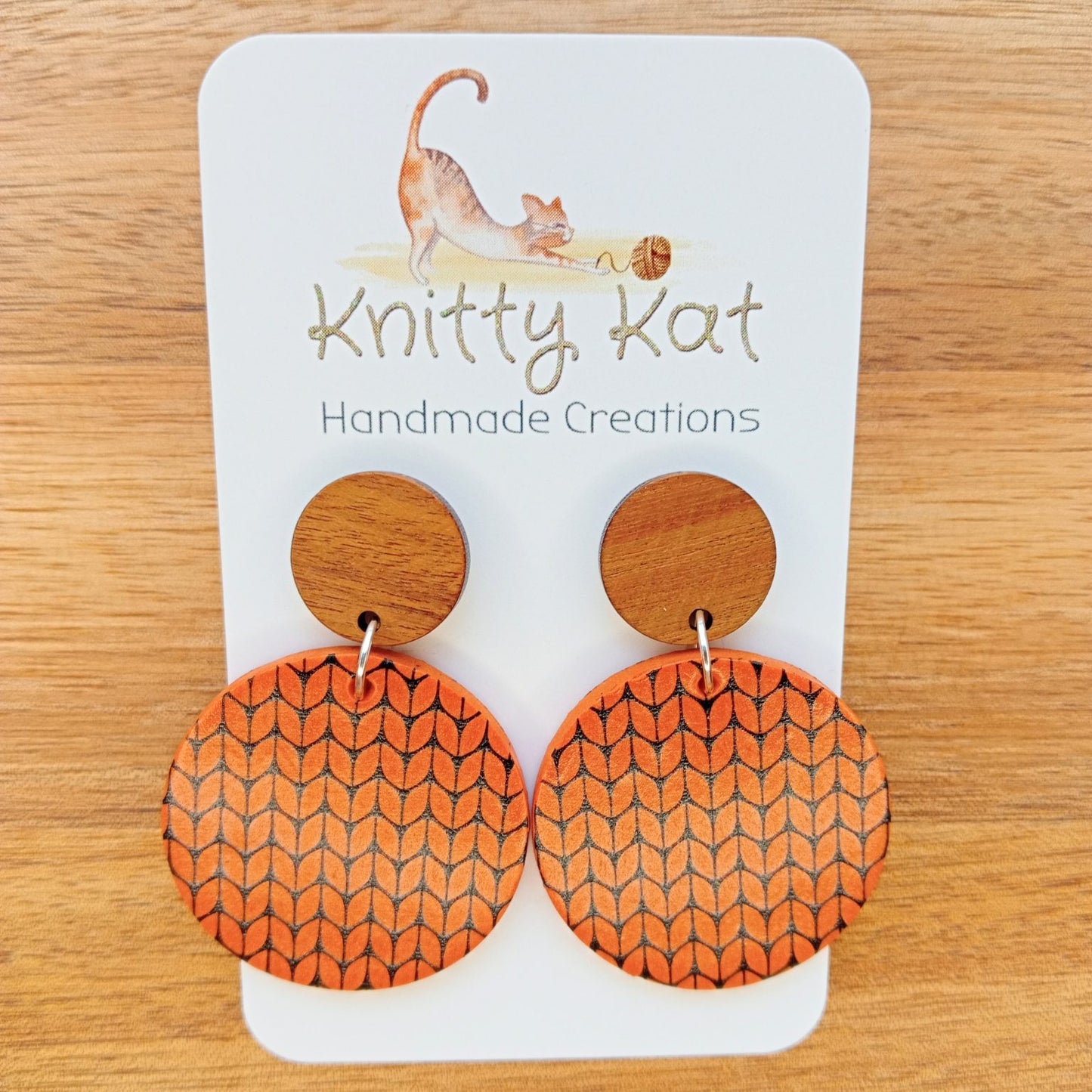 Knitty Kat - Knit Circle Earrings - Orange