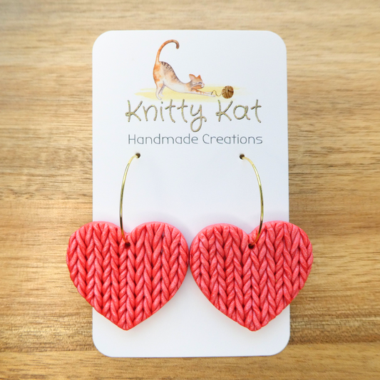 Knitty Kat Big Heart Hoop Earrings - Dark Pink