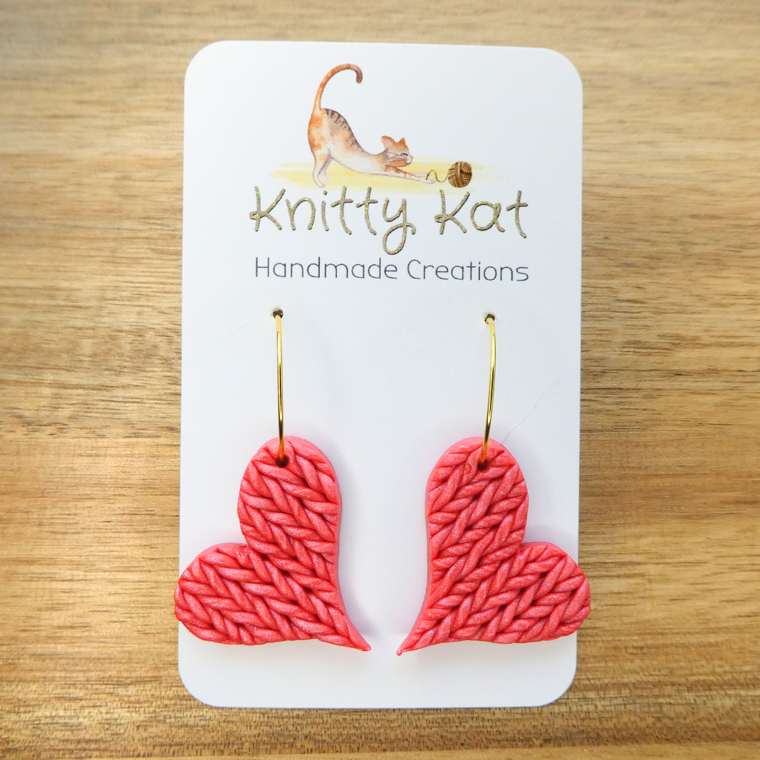 Knitty Kat - Heart Hoop Earrings - Dark Pink