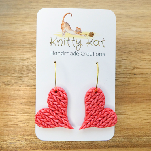 Knitty Kat Heart Hoop Earrings - Dark Pink