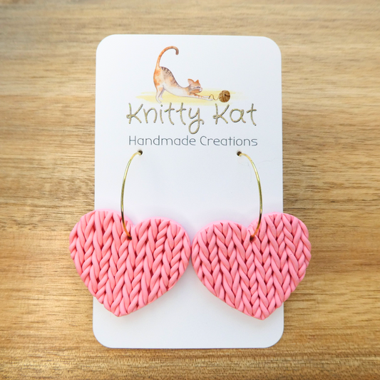 Knitty Kat Big Heart Hoop Earrings - Pale Pink