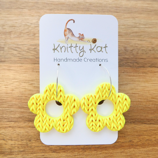 Knitty Kat Flower Hoop Earrings - Yellow
