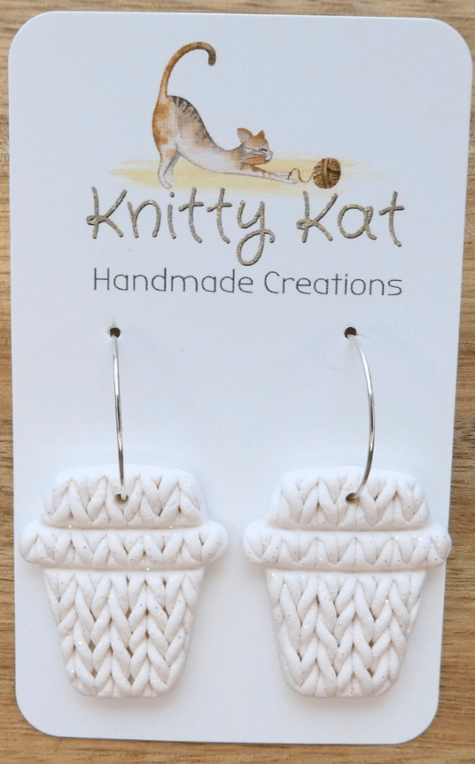 Knitty Kat - Coffee Cup Hoop Earrings - White