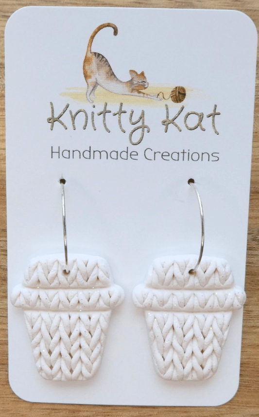 Knitty Kat Coffee Cup Hoop Earrings - White