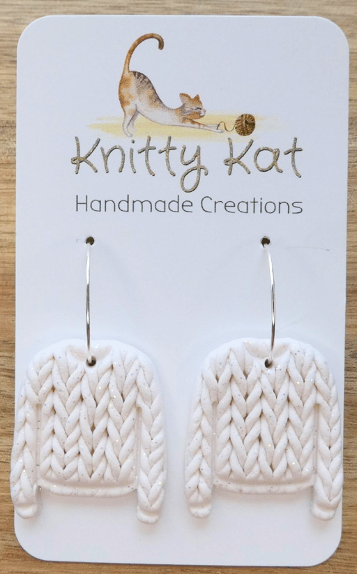 Knitty Kat - Sweater Hoop Earrings - White