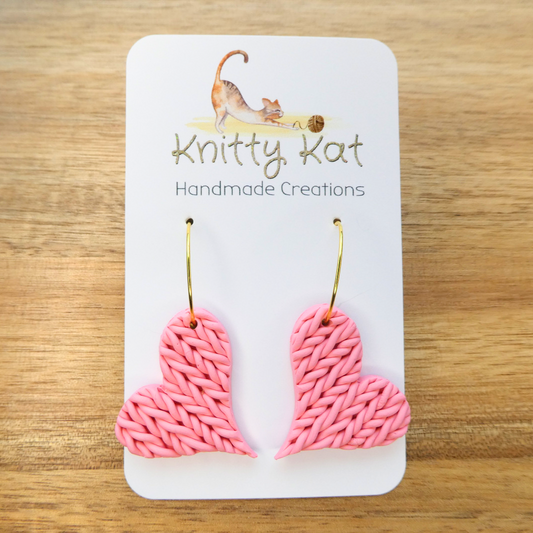 Knitty Kat Heart Hoop Earrings - Pale Pink